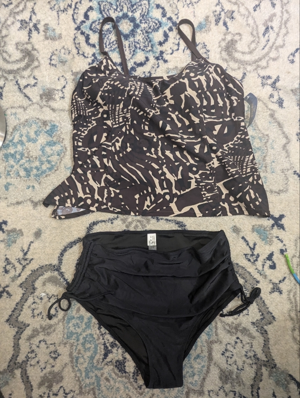 St. John's Bay Black and Beige Printed Tankini with Black High Waist Bottoms